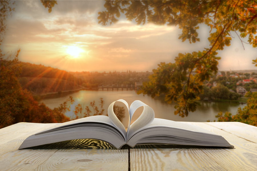 Open book at wooden table on natural blurred background